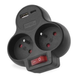 EMOS Rozbočovací zásuvka 2×, vyp., 1×USB-A+1×USB-C, černá