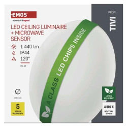 EMOS LED přisazené svítidlo TIVI, A CLASS, MW sensor, kruhové bílé 8,6W, IP44, neutrální bílá